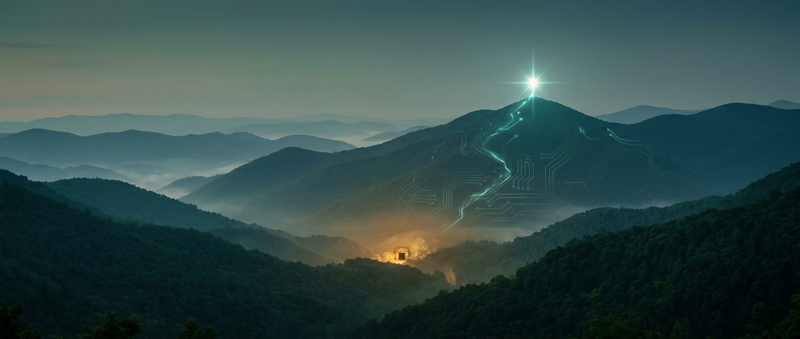 Misty Appalachian ridges at dawn with a glowing teal summit star